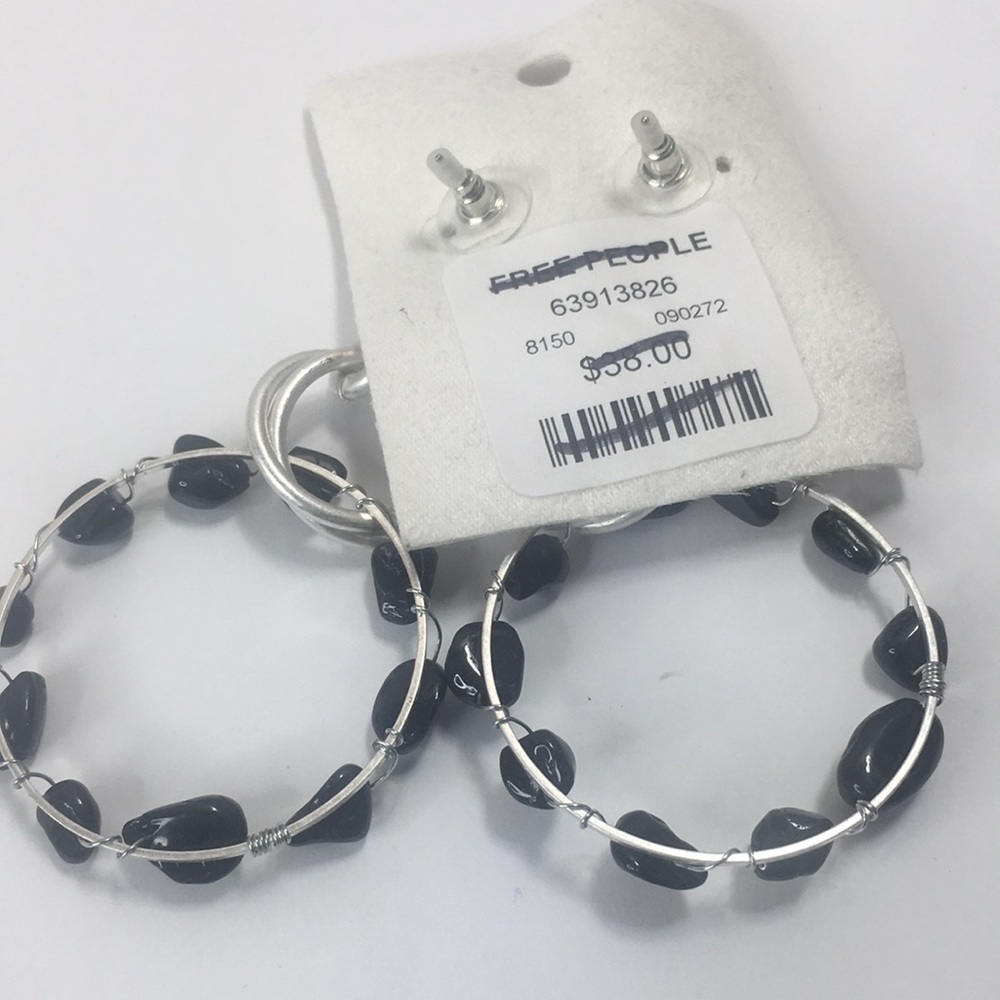 NEW Free People Iceball Hoops Silver tone Black Natural Stone - Picture 4 of 5